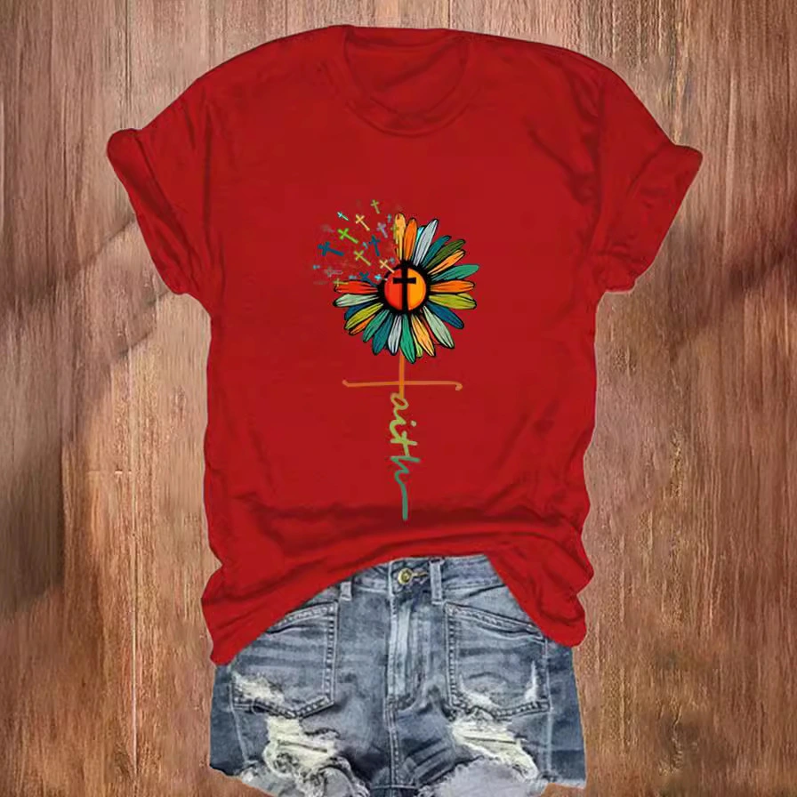 Women's Fashionable Printed Colored Cotton Round Neck Short Sleeve T-shirt