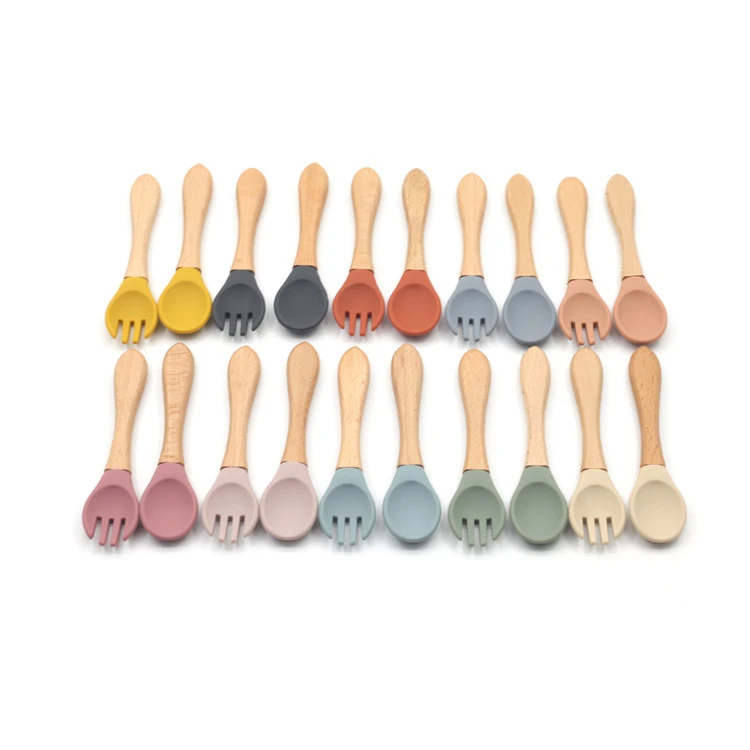 Grade Wooden Handle Silicone Spoon Fork Tableware Training Complementary Food Baby Feeding