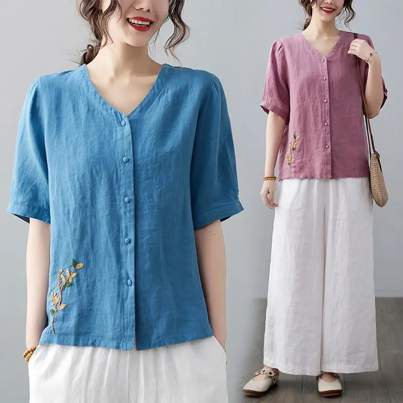 Women's Retro Linen Solid Color Short-sleeved T-shirt