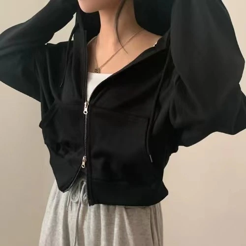 Dark Sweatshirt Girl's Cap Large Size Navel-exposed Double Zipper Sweater