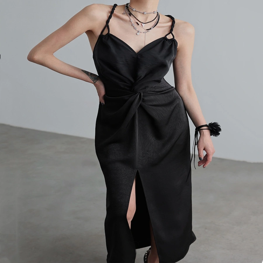 Women's Black Pleating Double-strap Dress