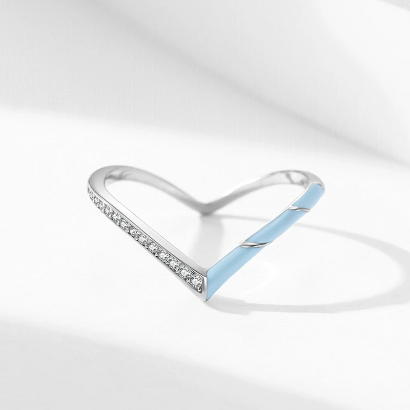 S925 Sterling Silver Fashion V-shaped Blue Enamel Diamond-studded Ring