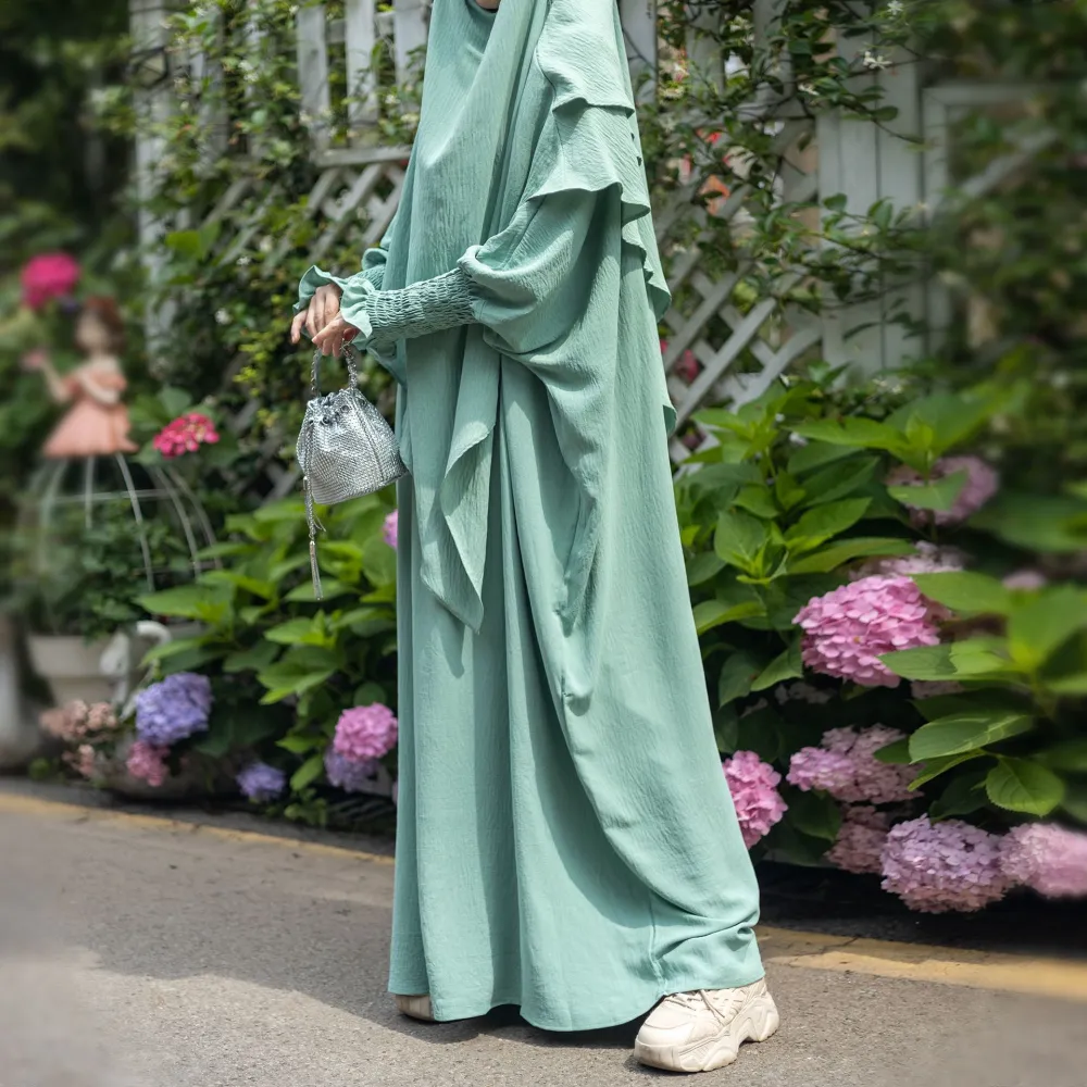 Female Solid Color Batwing Cuff Dress Turban Suit