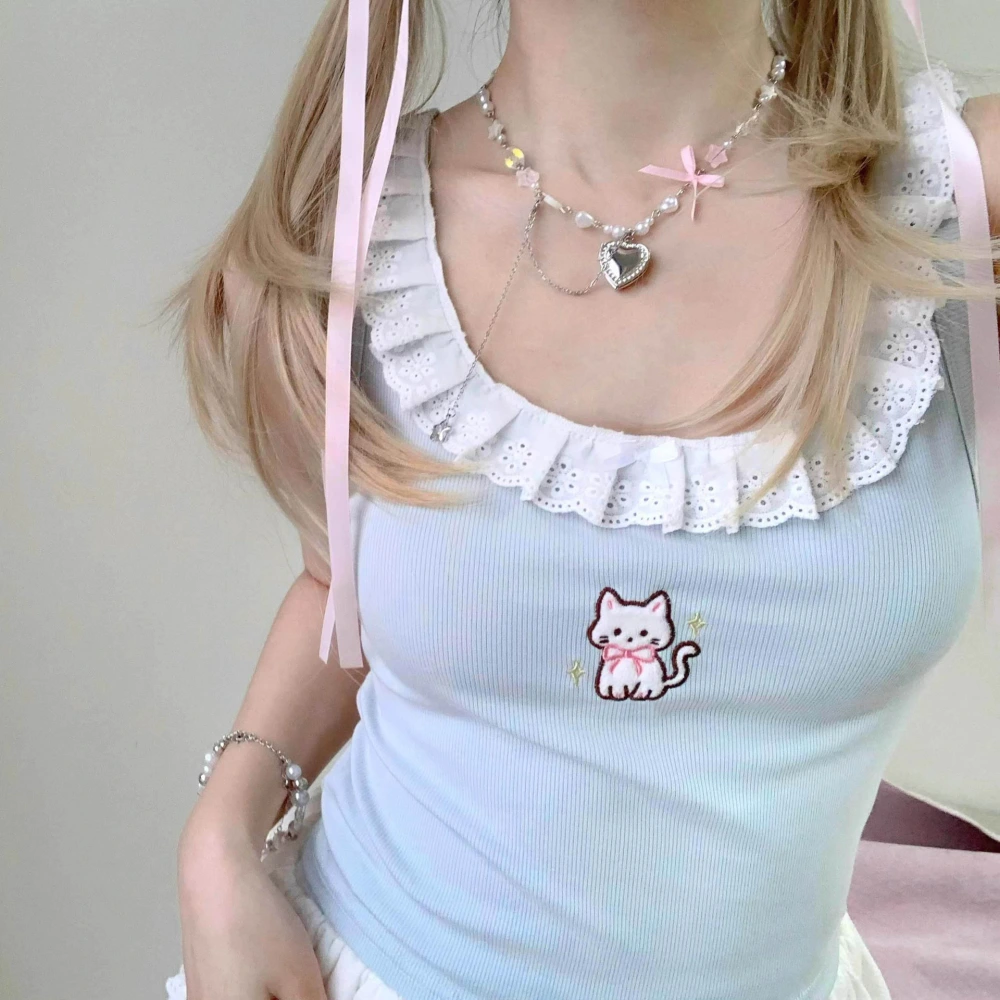 Cute Cat Embroidery Big Neckline Camisole Women's Summer Lace Bowknot Sweet Hot Girl Short Inner Top