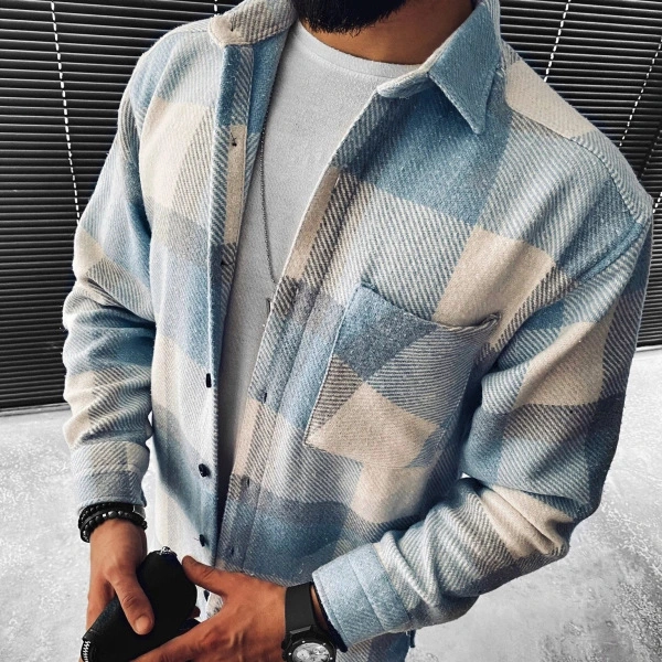 Blue And White Plaid Long-sleeved Shirt Casual Collar Pocket Shirt