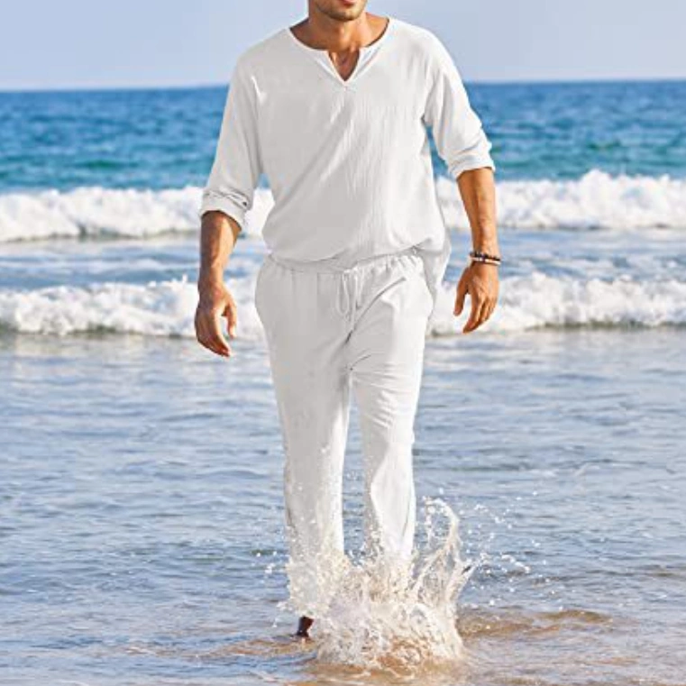 New Men's Casual Solid Color Pocket Elastic Cotton And Linen Suit