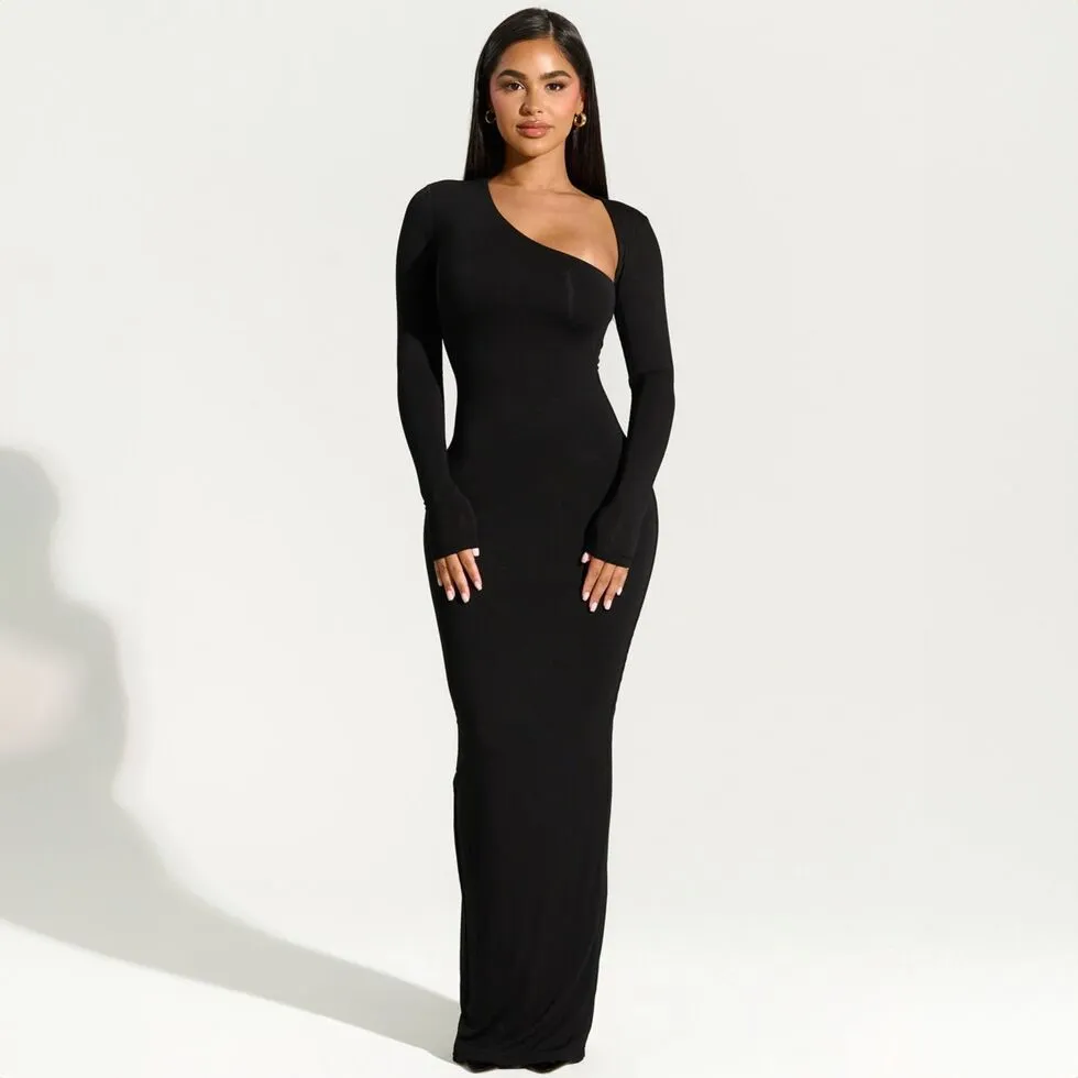 Women's Long Sleeve Diagonal Collar Slim Back Slit Dress