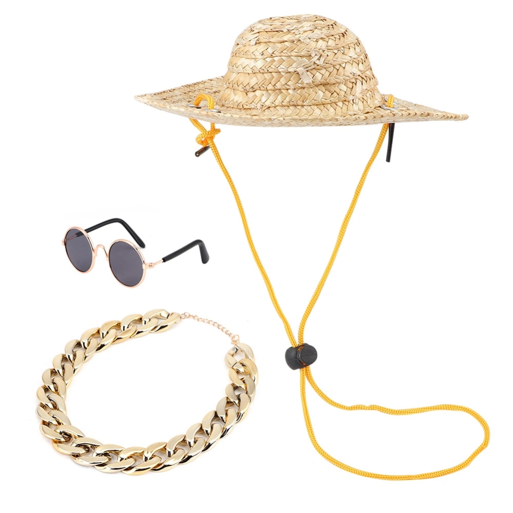 Pet Fashion Sunglasses Retro Straw Hat Collar Cat Necklace Pet Photography Accessory3 Pcs Set