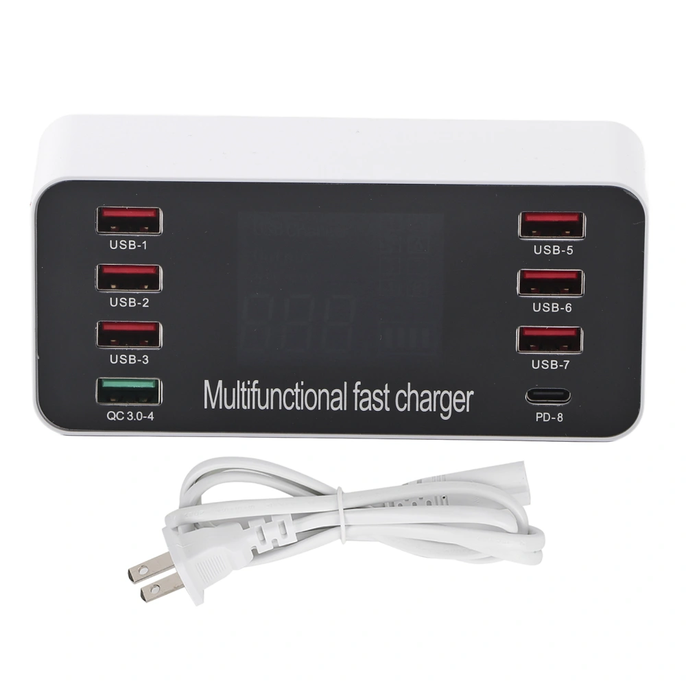 8-Ports Intelligent Charging Station LED Display Digital QC3.0 PD 60W AC100-240V US Plug