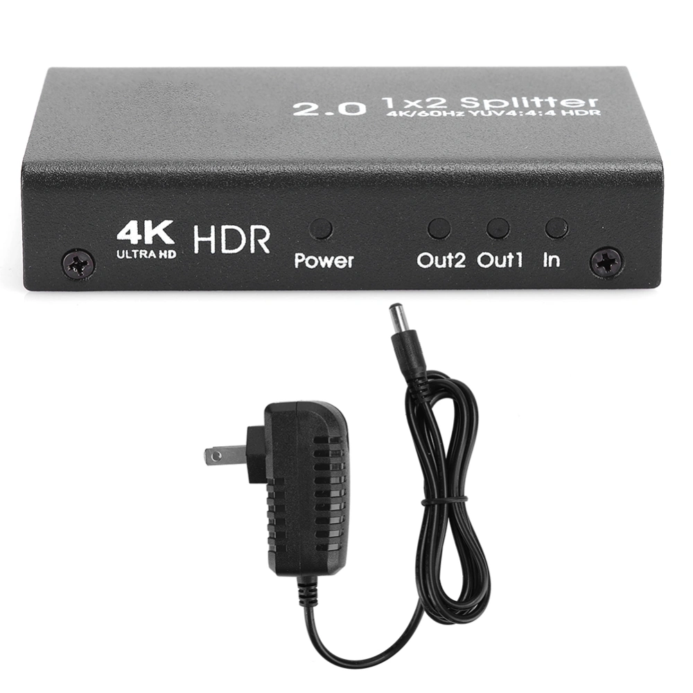 HDMI 2.0 1x2 Splitter 4K High Definition 1 in 2 out Video Distributor for Laptop DVd Set Top Box AC100V-240V(Black US Plug)