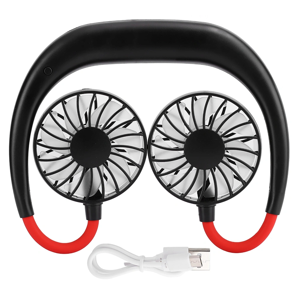 Portable Mini Neckband Fan Dual Desktop USB Rechargeable 3‑Speed Lazy Neck Hanging Style(Noir Rouge )