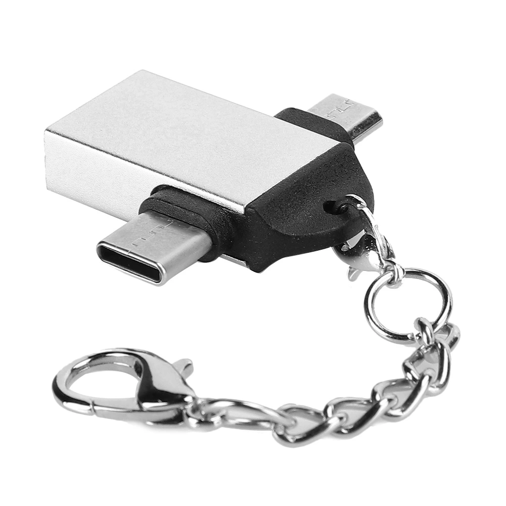 2PCS Aluminium Alloy Shell 2 In 1 OTG Converter USB 3.0 to Micro USB Type C Adapter with Chain for AndroidSilver with Chain