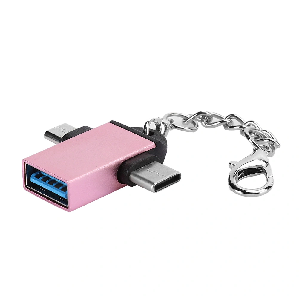 2PCS Aluminium Alloy Shell 2 In 1 OTG Converter USB 3.0 to Micro USB Type C Adapter with Chain for AndroidRose Gold with Chain