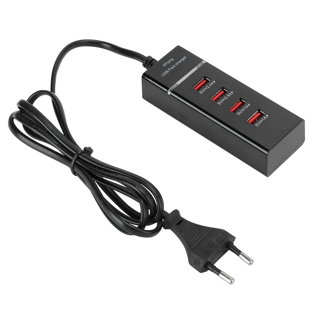 Mobile Phone Universal 3A Cable Charger Desktop Multiple 4 Ports USB EU 100‑240VEU Black 4USB Line 1.5 m with Packing