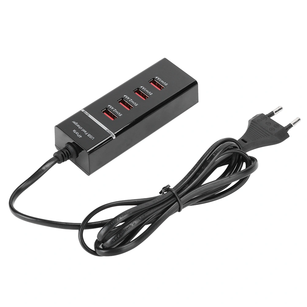 Mobile Phone Universal 3A Cable Charger Desktop Multiple 4 Ports USB EU 100‑240VEU Black 4USB Line 1.5 m with Packing