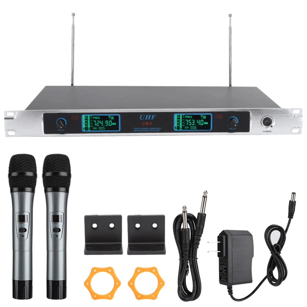 Dual UHF Professional Handheld Wireless Microphone Kit for Bar Wedding Speech with Receiver US 100-240v724.9~753.4MHz