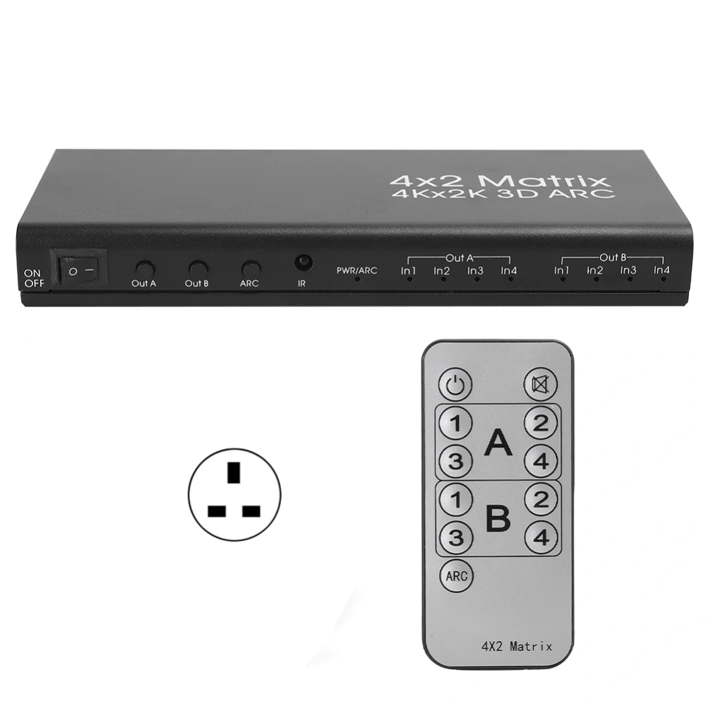 4x2 HDMI Matrix Audio Output Optical Switcher Distributor with Remote Controller Support ARC 110-240VBlack UK Plug