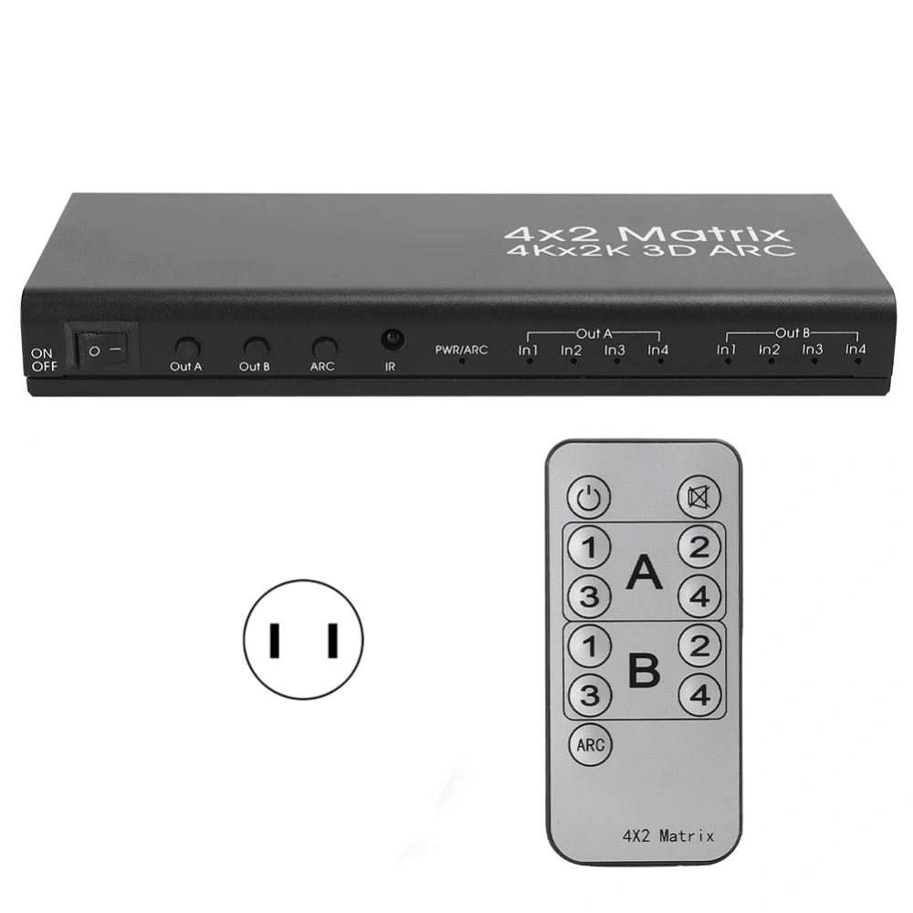 4x2 HDMI Matrix Audio Output Optical Switcher Distributor with Remote Controller Support ARC 110-240VBlack US Plug