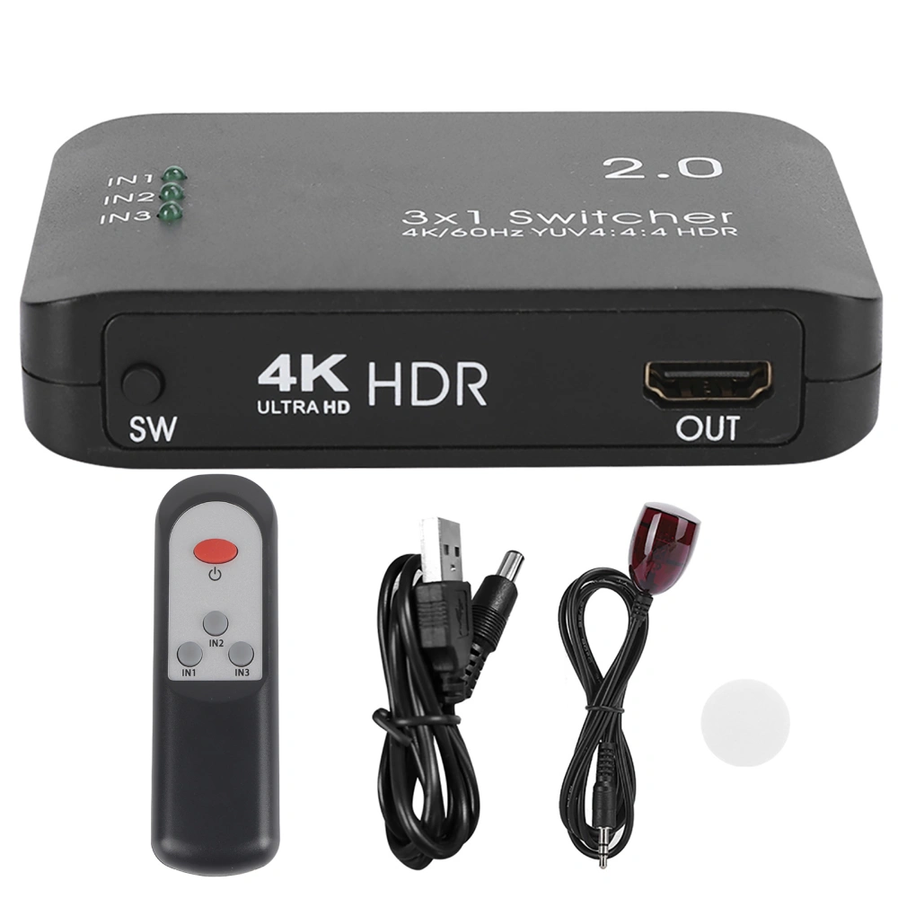 4K High Definition Multimedia Interface Switcher 3 Input 1 Output Splitter Adapter HD IR Remote Control ABS with LED Indicator