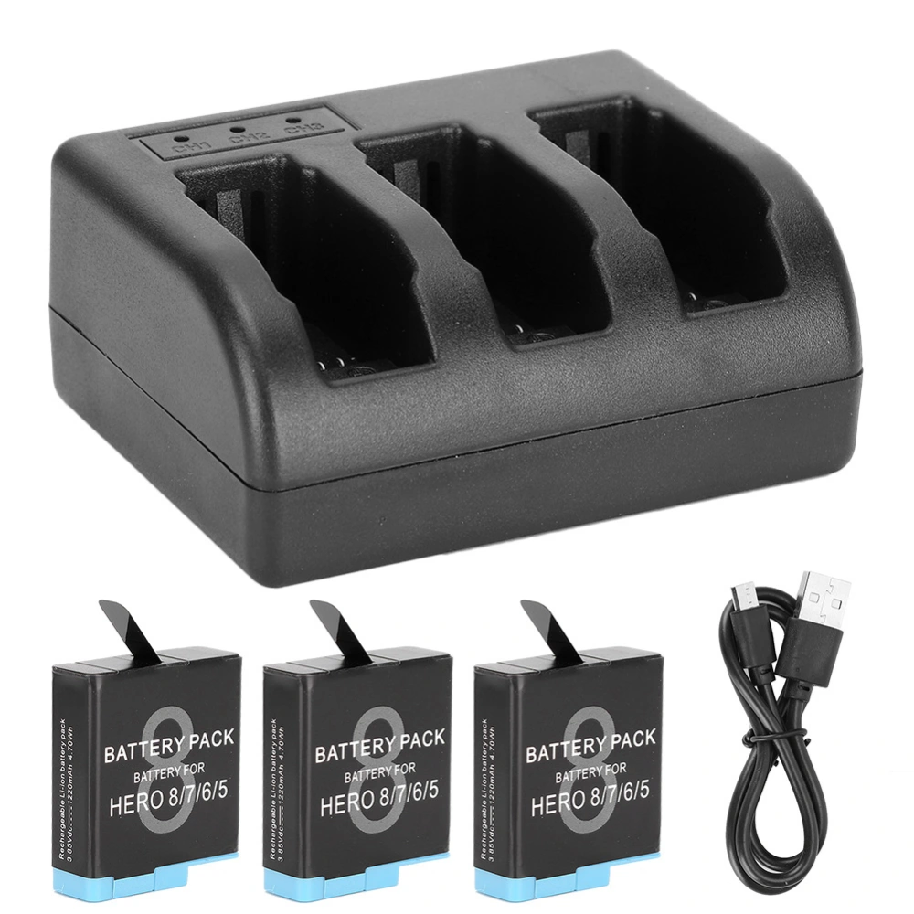 AHDBT‑801 Black Rechargeable Battery with 3‑Channel Charger for GoPro Hero 8/7/6/5