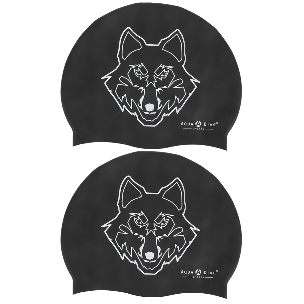 2Pcs Silicone Swimming Cap Hat Cartoon Cute Universal Type for Children Woman Manwolf head pattern