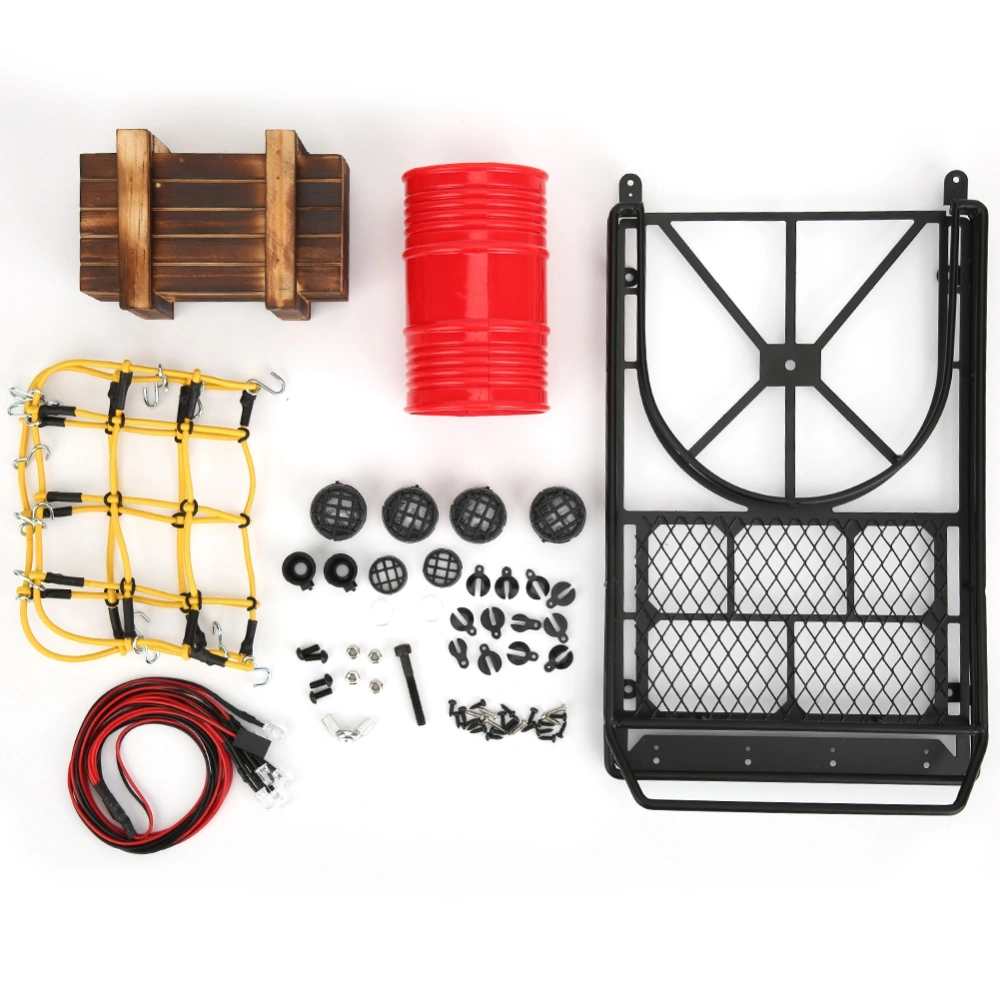 1/10 RC Roof Luggage Rack Kit with Storage Net / LED Light / Oil Can/ Wooden Box Decor for SCX10 /90046 / D90 Crawler Car