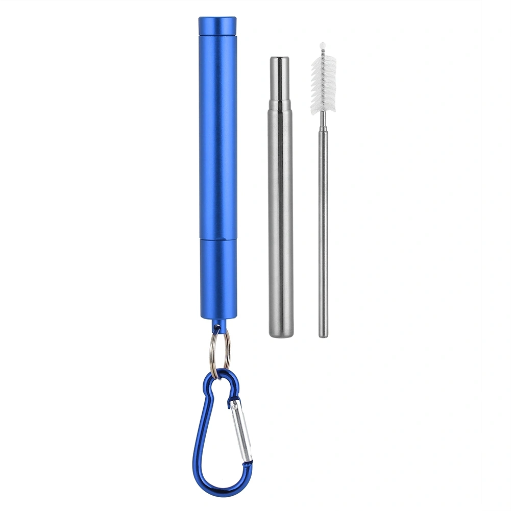 Retractable Reusable Stainless Steel Straw(Blue Aluminum Case Straw+Brush+Carabiner )