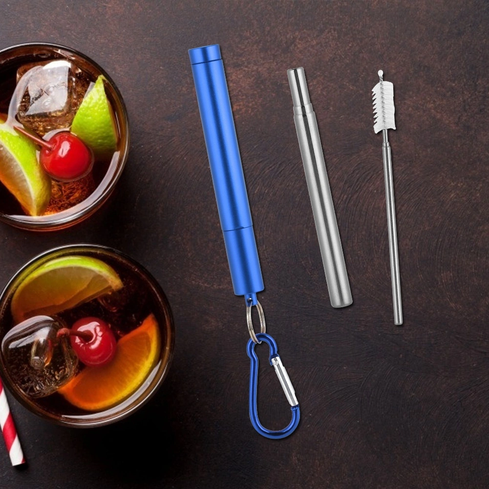 Retractable Reusable Stainless Steel Straw(Blue Aluminum Case Straw+Brush+Carabiner )