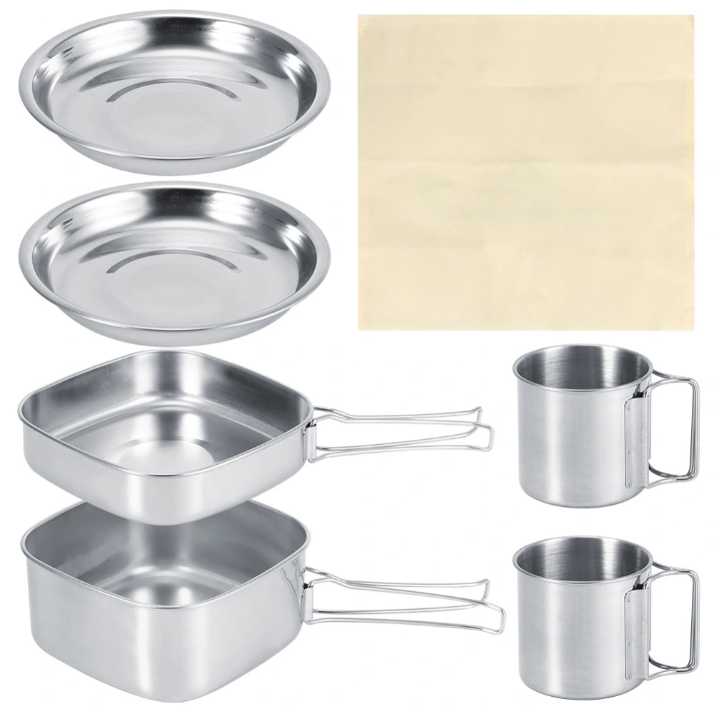 6Pcs Stainless Steel Portable Outdoor Travel Camping Picnic Cookware Cooking Pot Pan Set