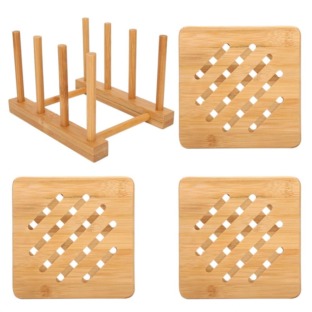 Bamboo Multifunctional Bowl Dish Draining Rack with Table Mat Insulation Pad Kit Kitchen ToolSquare Shape Mat