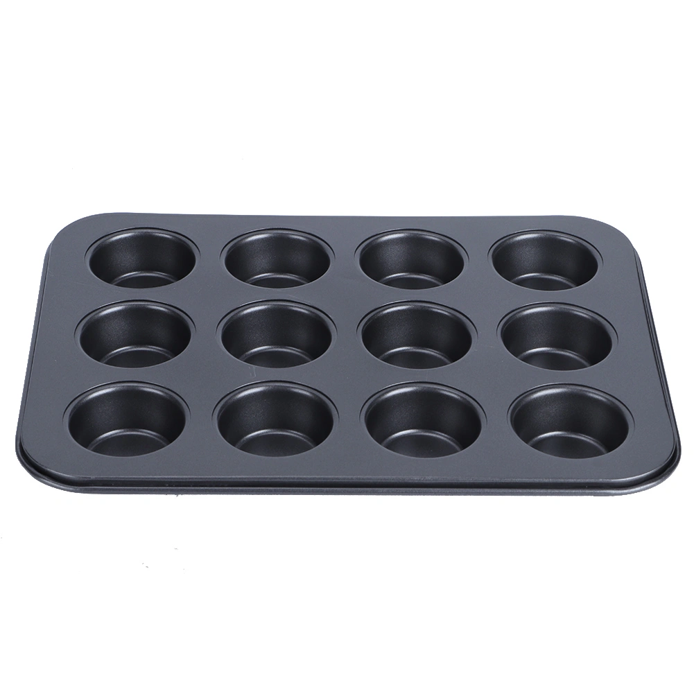 12 Cup Muffin Pan Cake Pans Non-Stick Round Cake Mold Home Kitchen Cook DIY Cooking Tools(Black )