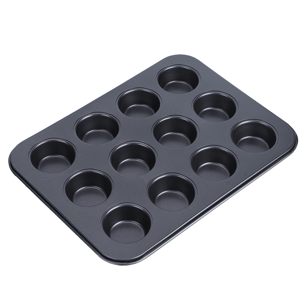 12 Cup Muffin Pan Cake Pans Non-Stick Round Cake Mold Home Kitchen Cook DIY Cooking Tools(Black )