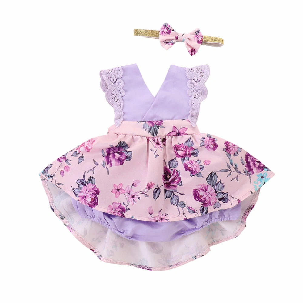 Baby Girls Ruffle Floral Jumpsuit Princess Lace Romper Dress Playsuit+Headband Outfits(70cm)