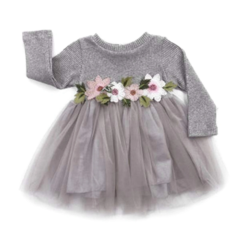 Kids Girls Baby Long Sleeve Tutu Lace Tulle Dress Party Waist Embroidered (Gray 100cm / 39.4in)