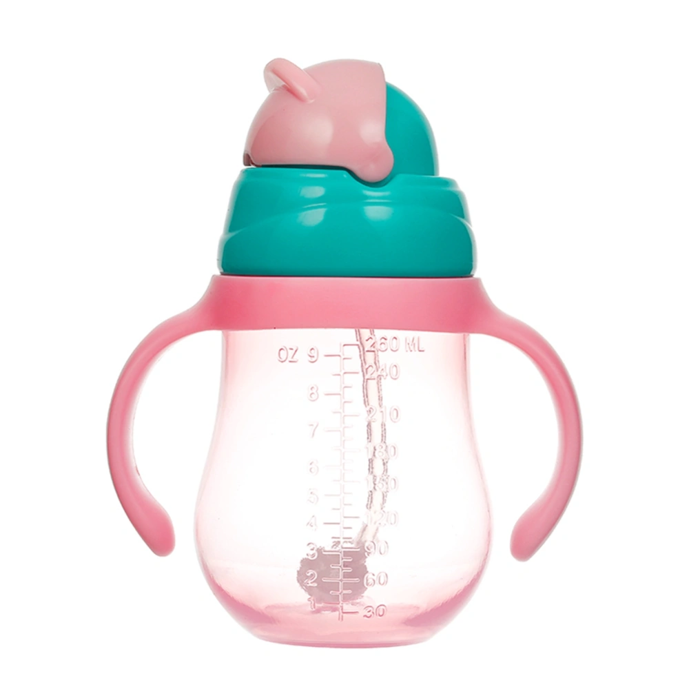 Baby Cups Cartoon Feeding Bottle with Portable Straw Save Cups Sports Bottles(Pink 260mlhandle)