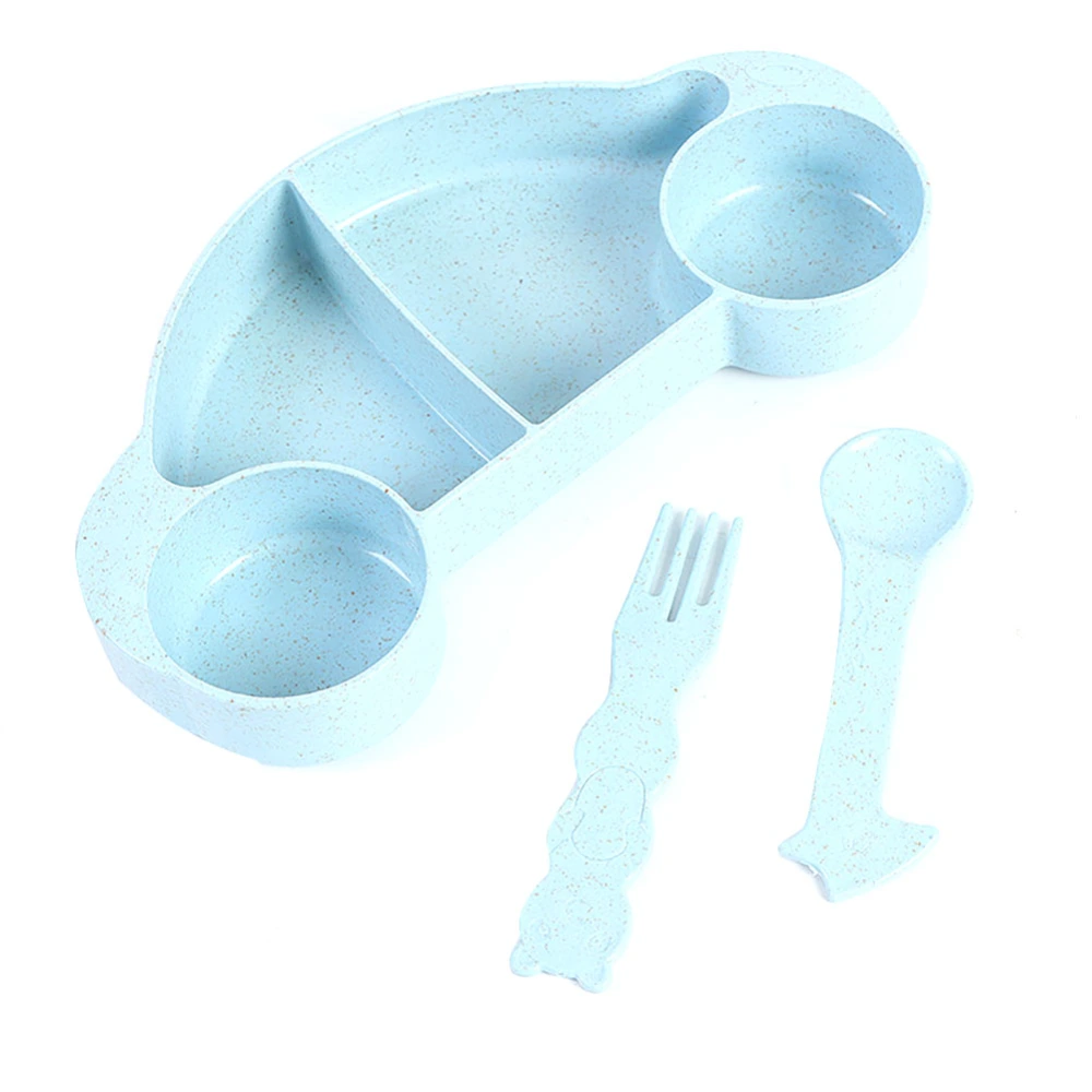 3PCS Wheat Straw Kid Cartoon Fork Spoon Fruit Bowl Plastic Bowl Tableware Set Blue