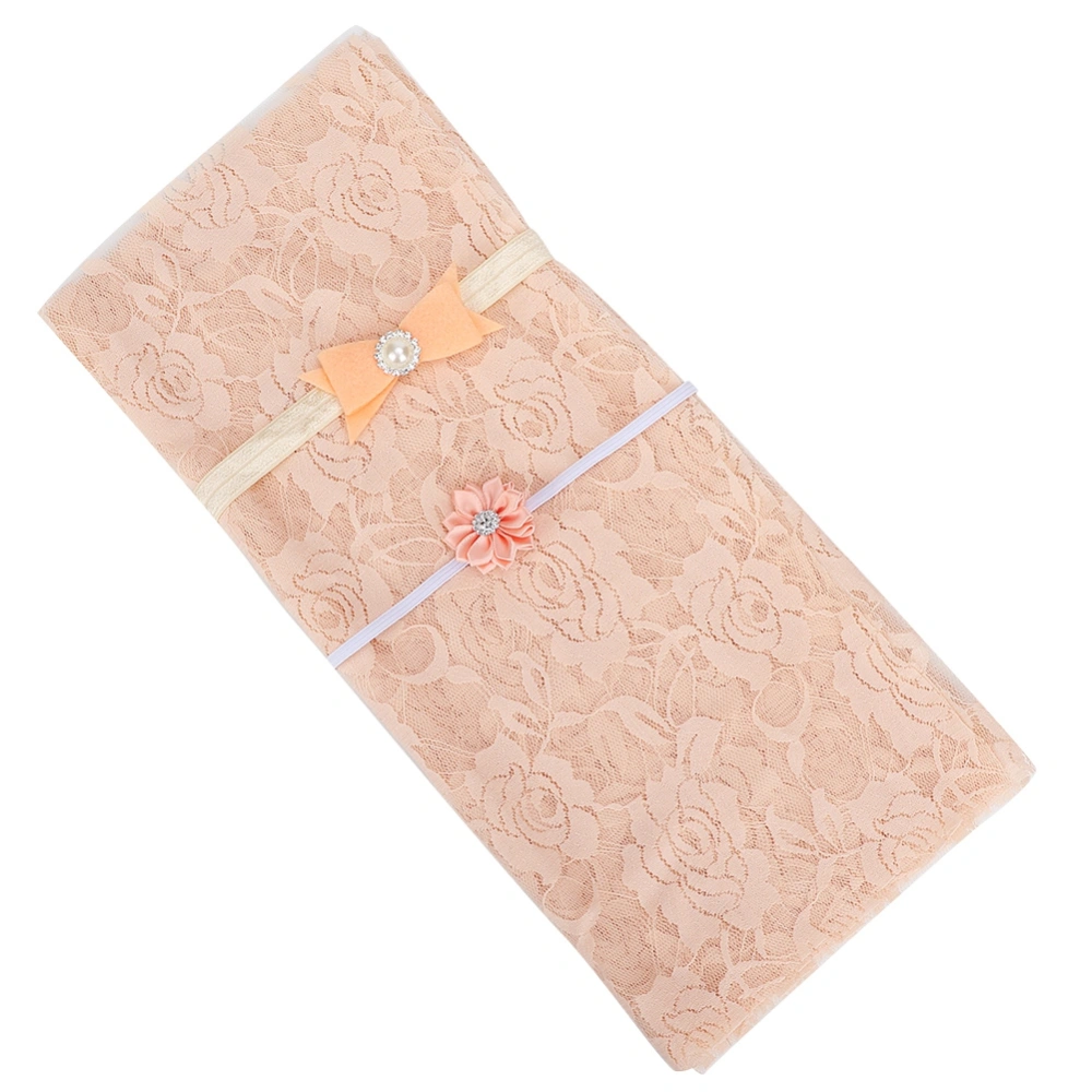 Newborn Baby Photograph Props Lace Blanket Wrap Swaddle with Hair Band (Beige Pink )