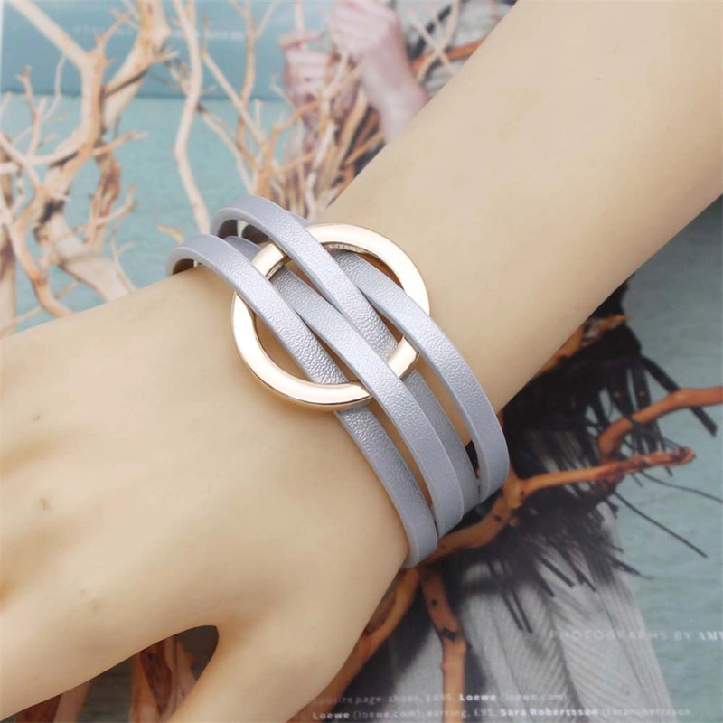 Cross Leather Women Bracelet Metal Big Ring Cuff Bangle Multi-layer Wristband Magnetic Snap Bangle