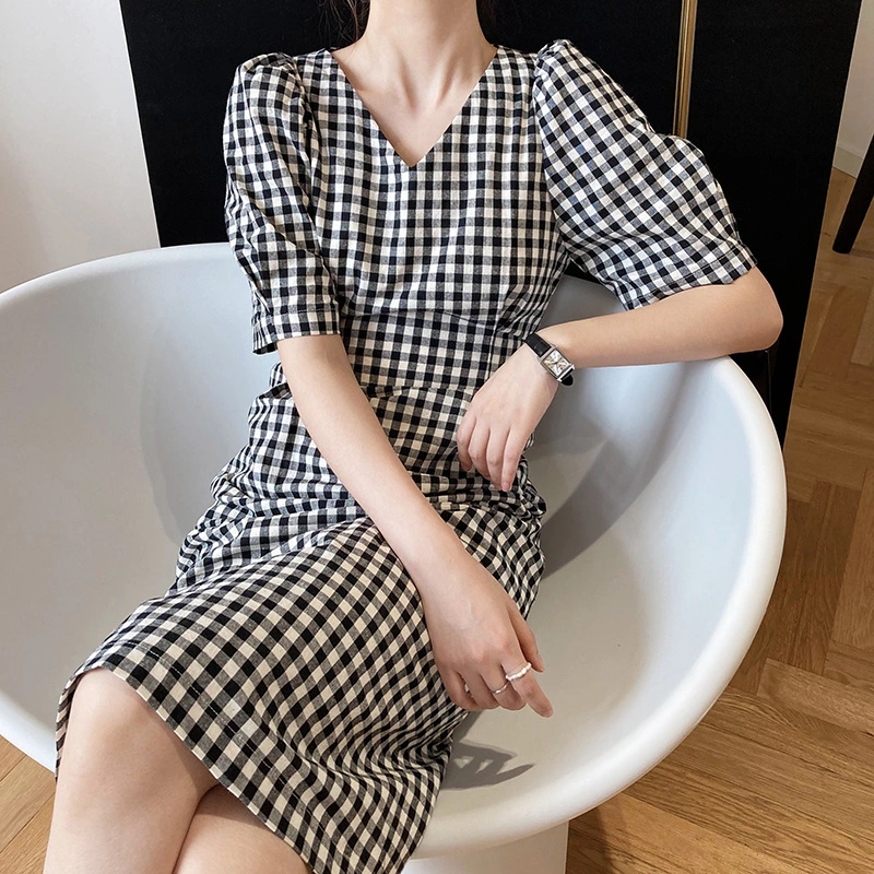 French Vintage Cotton Linen Black And White Plaid Dress