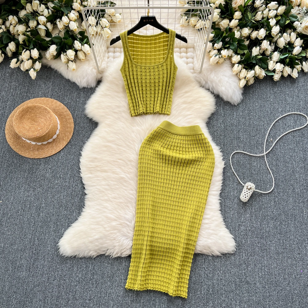 Ladies' Short Vest Top High Waist Skirt Knitted Two-piece