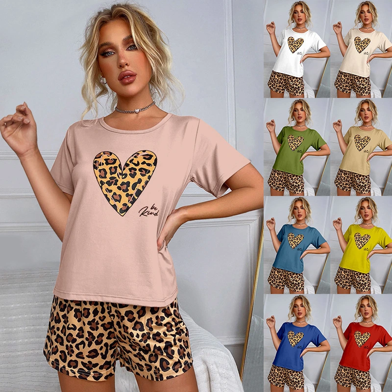 Short Sleeve Shorts Leopard Print Sexy Love Casual Suit