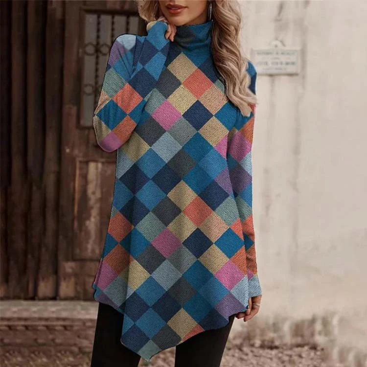 Retro Color Tartan Skirt Turtleneck Long Sleeve Dress