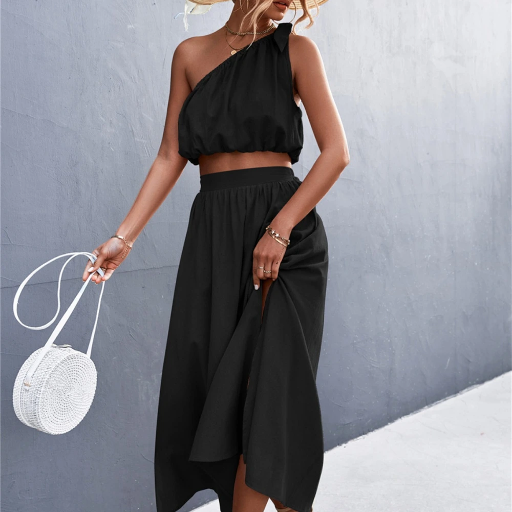 Sexy Oblique Shoulder Lace-up Vest Slit Midi Skirt Suit