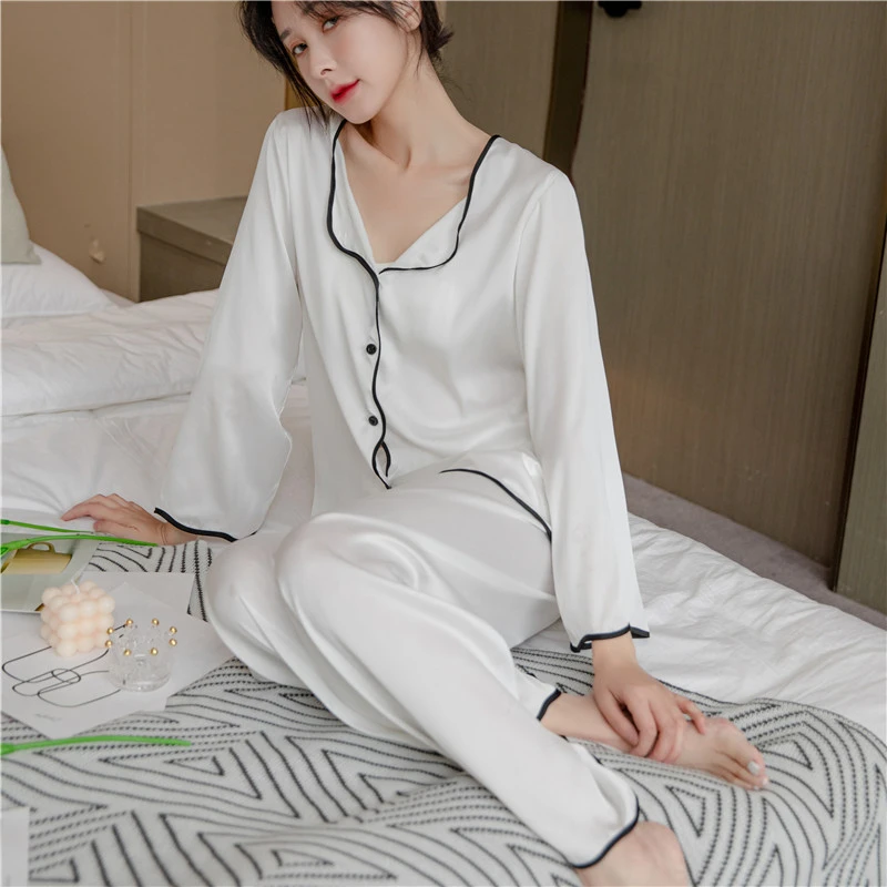 Solid Color Long Sleeve Trousers Cardigan Homewear Two Piece Straight Pants