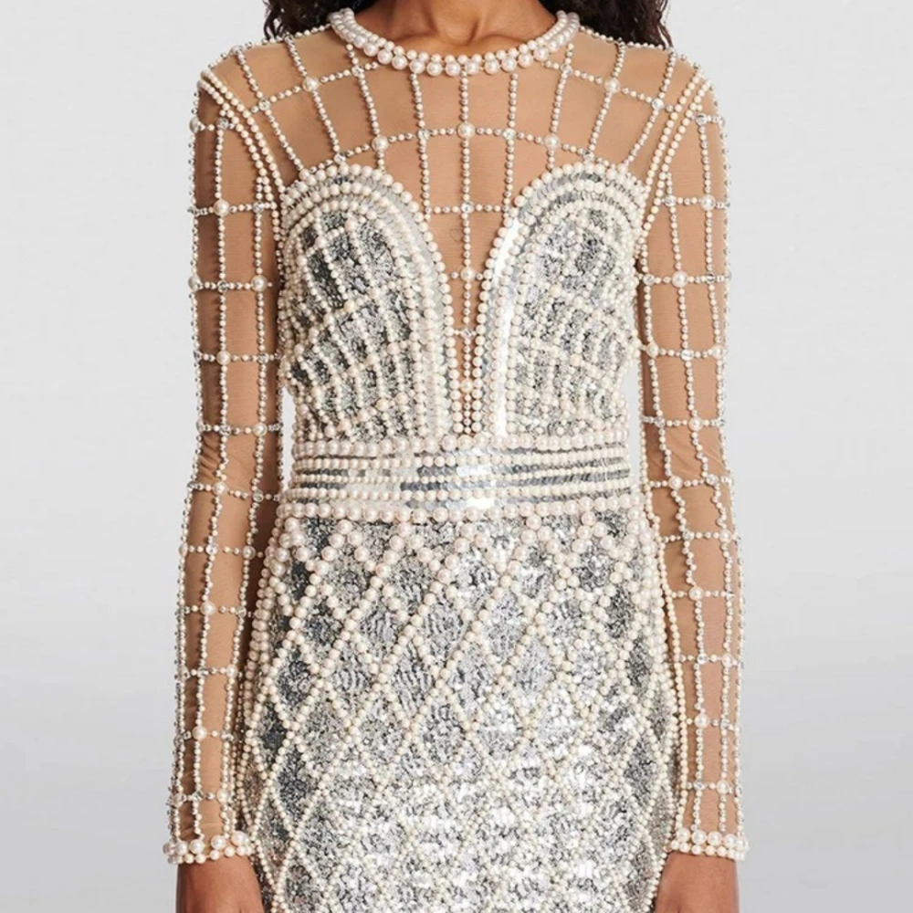 Fashionable Pearl Heavy Industry Nailed Pearl Sequin Long Sleeved Mesh Dress