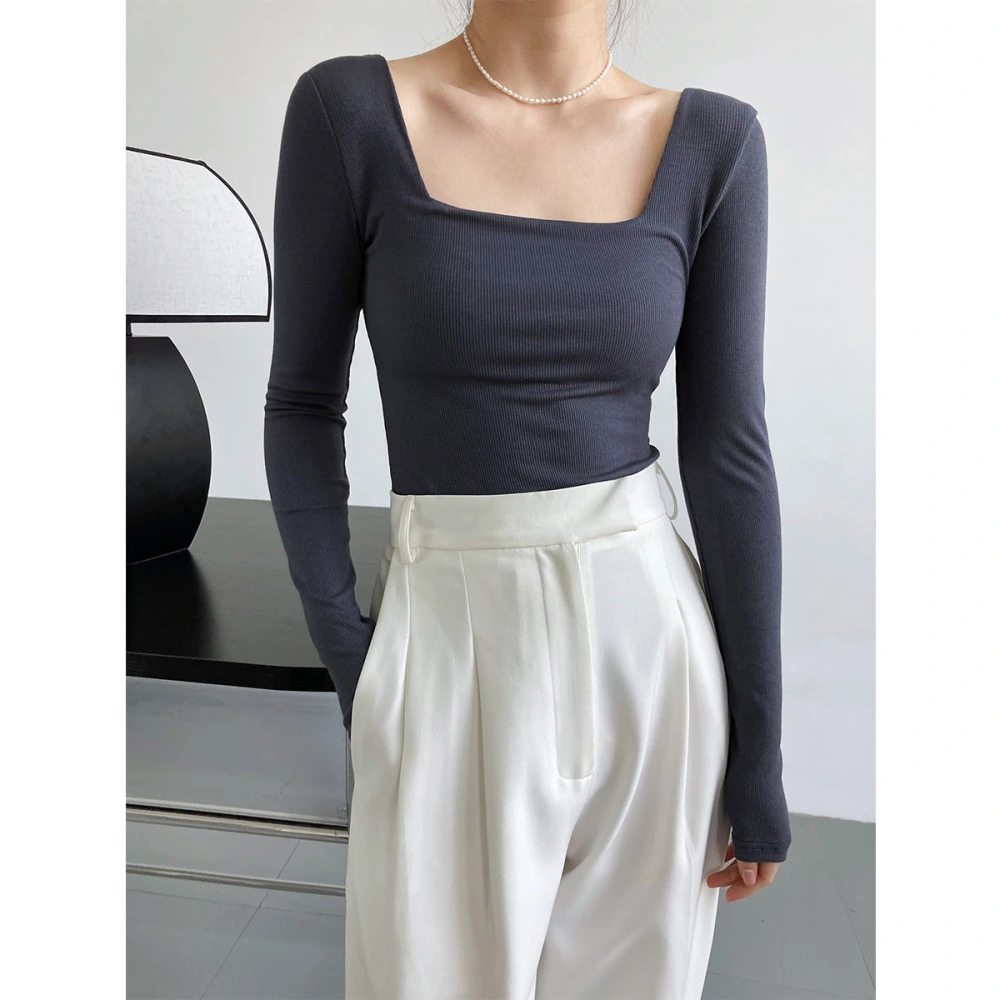 Design Sense Long-sleeved Square-neck Women's Slim Low-neck Cropped Top