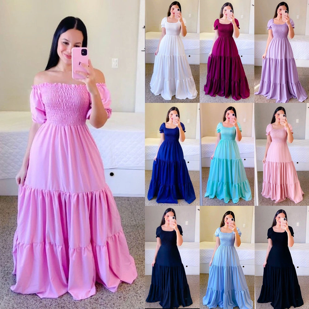 European And American Style Dress Off-shoulder Floral Off-shoulder Long Color Fairy Skirt