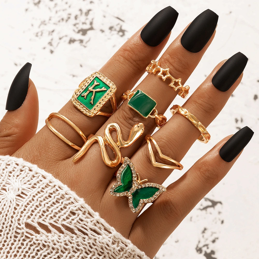 Ring Gold Green K Letter Snake Butterfly