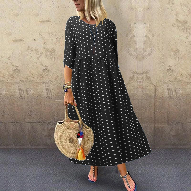 Fashion Polka Dot Mid Sleeve Ladies Print Casual Bohemian Tunic Dress