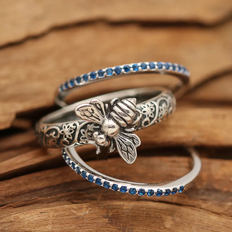 Vintage Insect Bee Shape Sapphire Blue Diamond Three-piece Ring